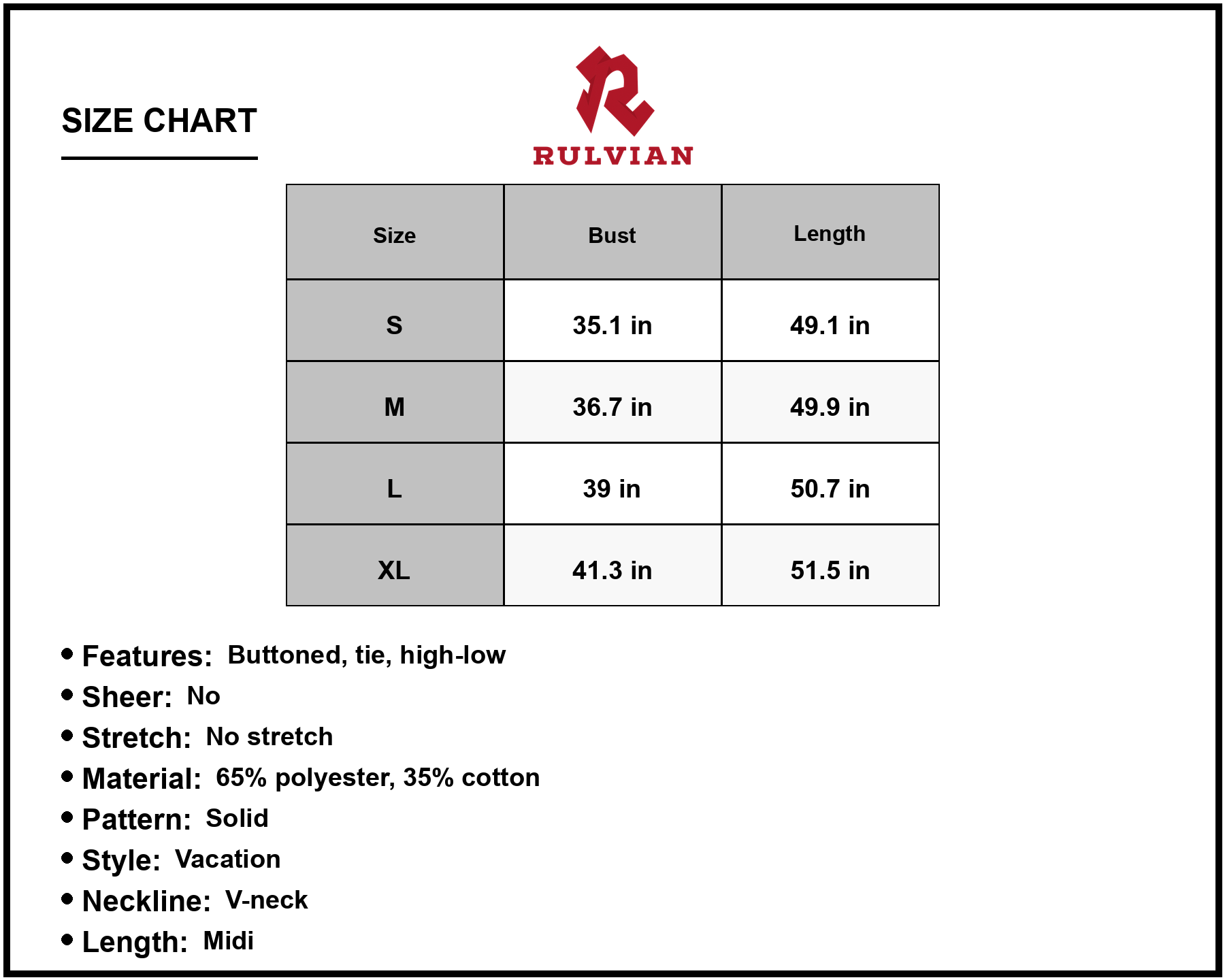 Size Chart - Women's Spaghetti Strap Button Midi Dress V Neck Tie Waist Sixty five percent polyester thirty five percent cotton