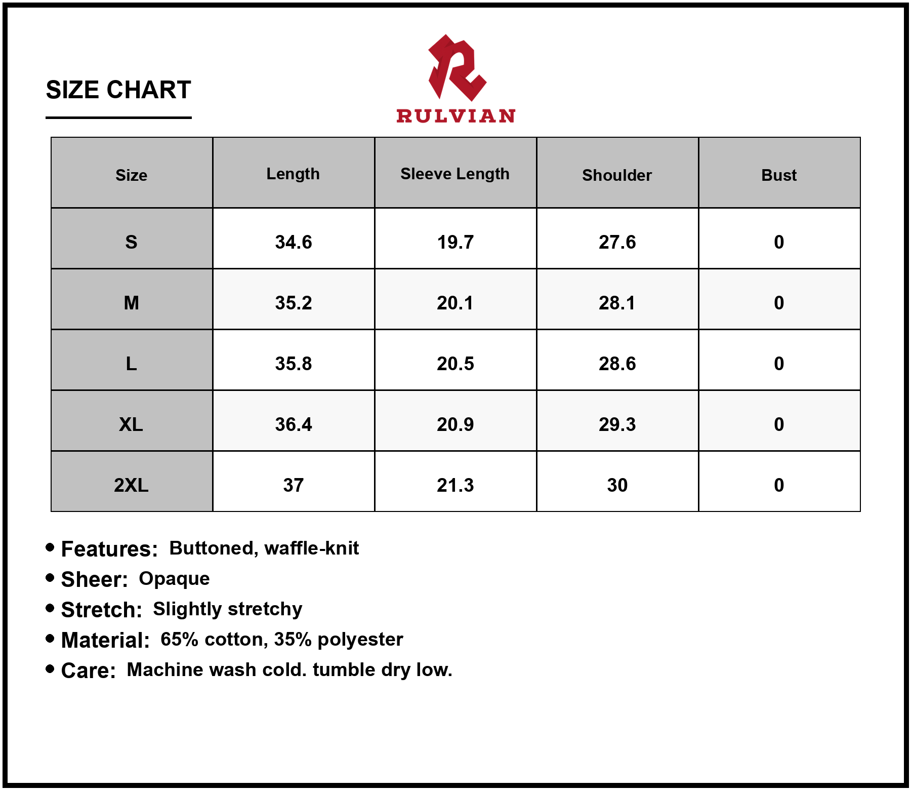 Size Chart - Men's Mini Dress Waffle Knit Half Button V Neck Long Sleeve with Sheer Texture and Stretch 65% cotton 35% polyester