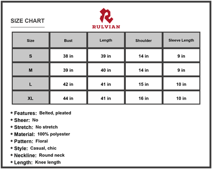 Size Chart - Women's Floral Round Neck Tie Belt Pleated Dress with Flutter Short Sleeves Knee Length Polyester for Casual Chic