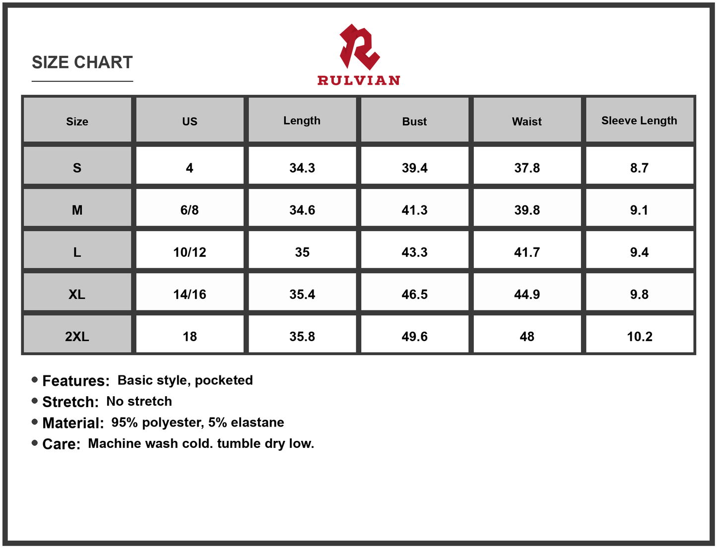 Size Chart - Women's Round Neck Short Sleeve Mini Tee Dress with Pocket Casual Lightweight Silhouette 95% Polyester 5% Elastane