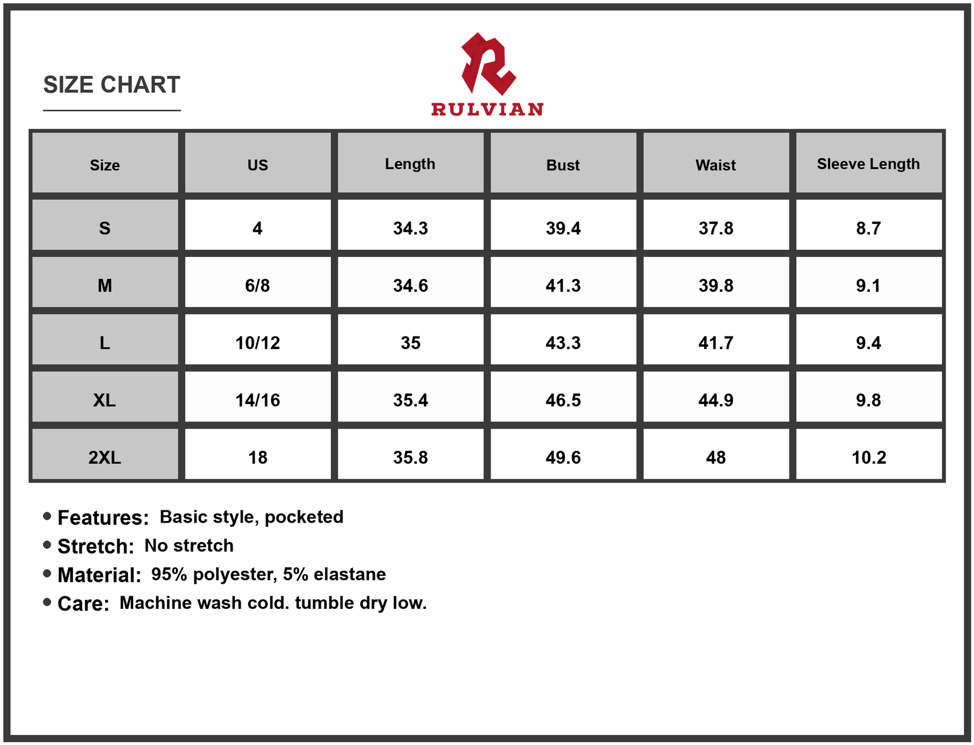 Size Chart - Women's Round Neck Short Sleeve Mini Tee Dress with Pocket Casual Lightweight Silhouette 95% Polyester 5% Elastane