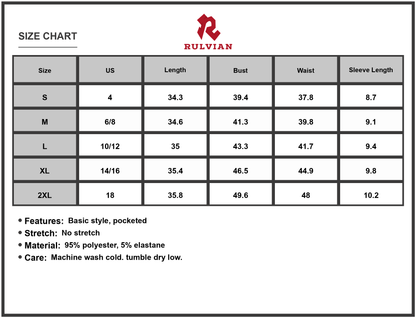Size Chart - Women's Round Neck Short Sleeve Mini Tee Dress with Pocket Casual Lightweight Silhouette 95% Polyester 5% Elastane