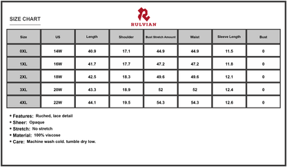 Size Chart - Men's Plus Size Lace Detail Printed Half Sleeve Dress Ruched Sheer Overlay One Hundred Percent Viscose Soft Finish