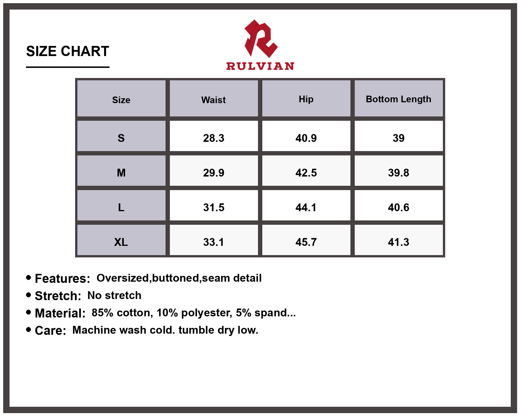 Size Chart - Men's Oversized High Waist Button Fly Curved Leg Jeans Durable Premium Denim Pants with Seam Detail for Casual Daily Wear Modern Look