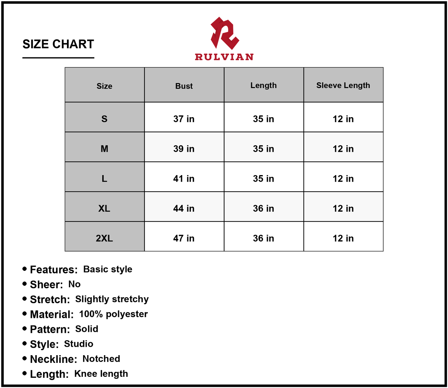 Size Chart - Women's Notched Neck Flounce Sleeve Knee Length Dress 100% Polyester Casual Chic Everyday Wear Ideal for Work or Weekend