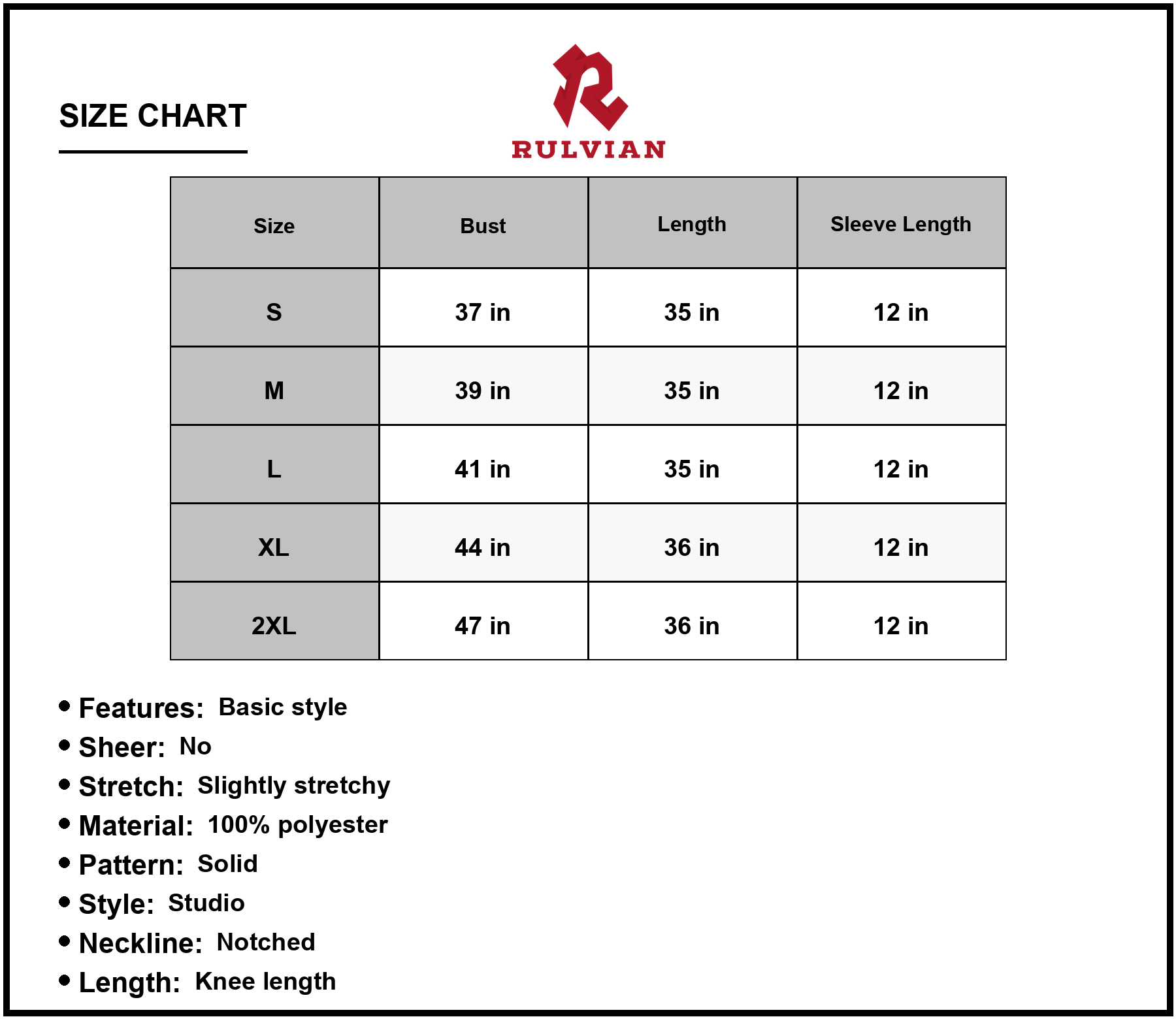 Size Chart - Women's Notched Neck Flounce Sleeve Knee Length Dress 100% Polyester Casual Chic Everyday Wear Ideal for Work or Weekend