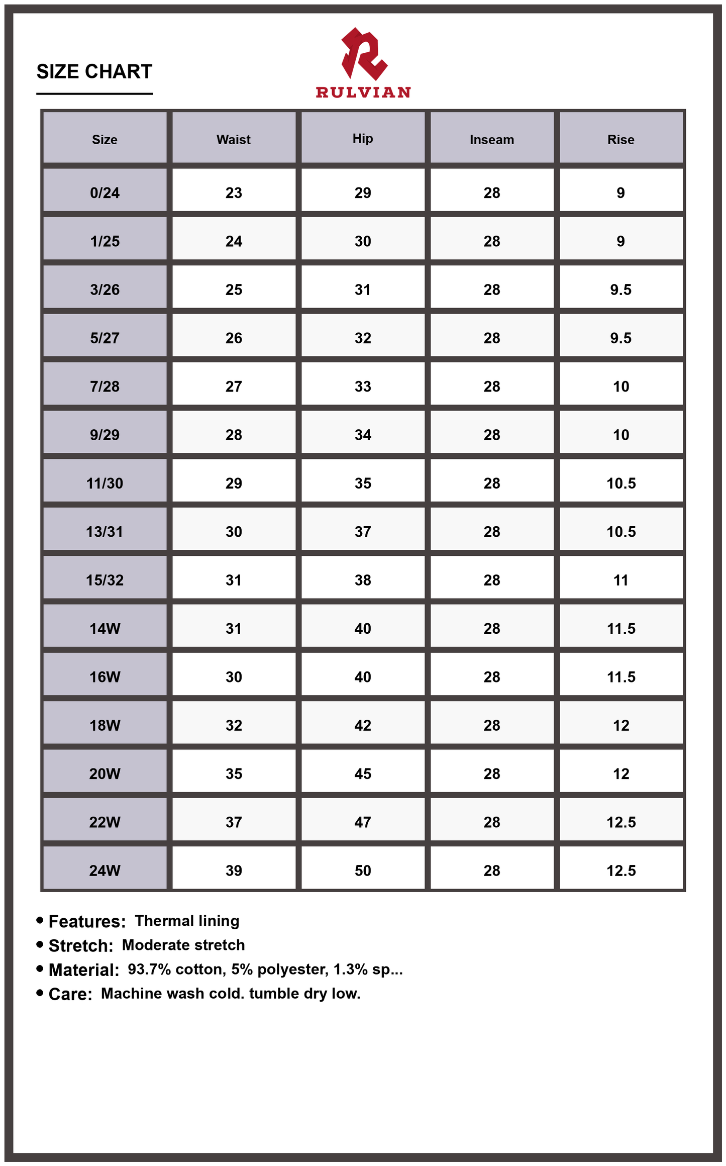 Size Chart - Women's Mid-Rise Thermal Lined Skinny Jeans with Pockets Premium Quality Durable Warm Winter Everyday Essential Denim