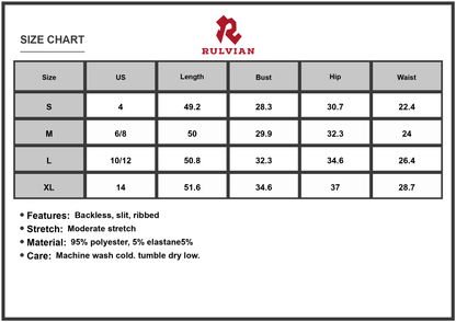 Size Chart - Women's Cutout Square Neck Wide Strap Knit Dress Backless with Front Slit Ribbed Stretch 95% Polyester 5% Elastane