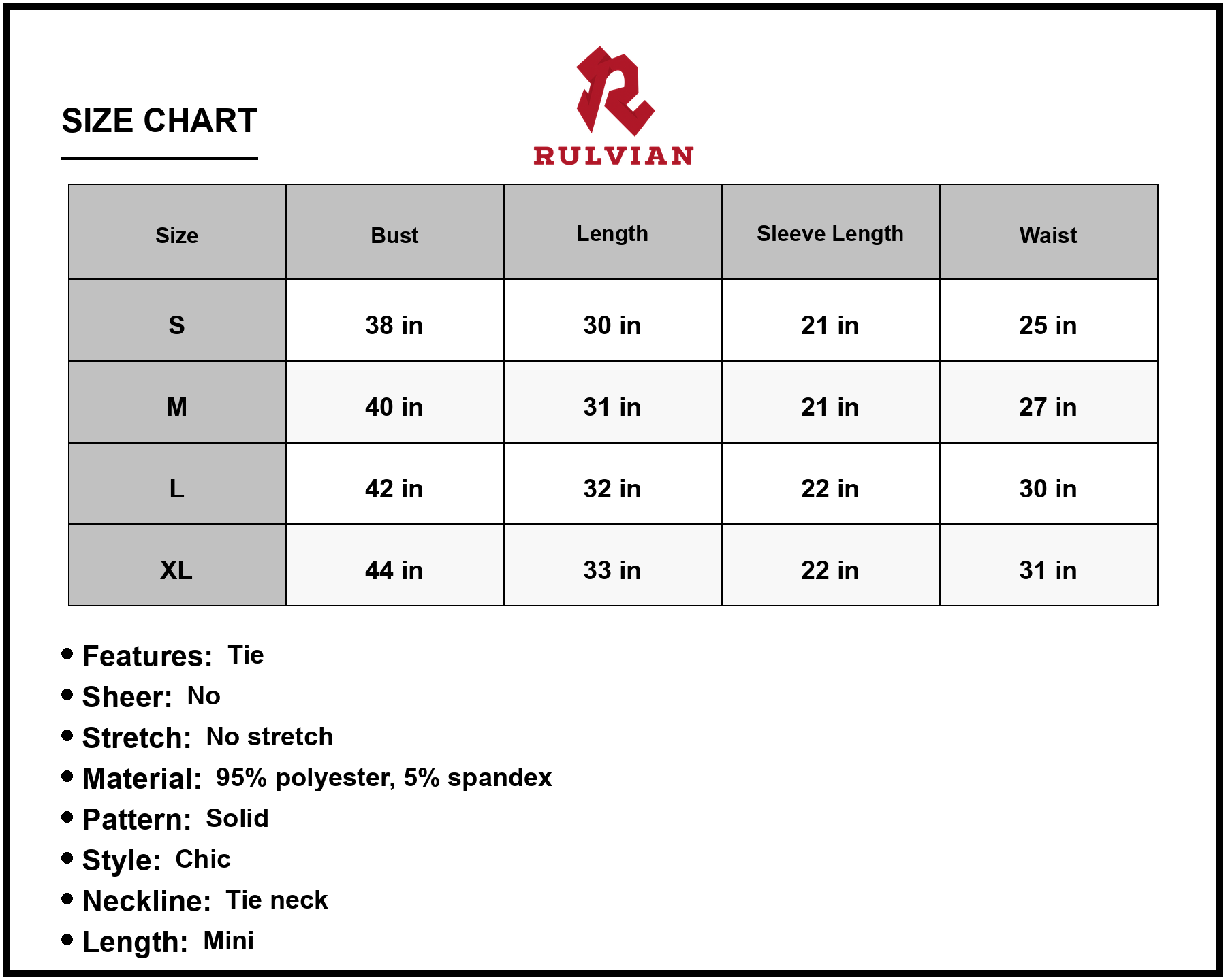 Size Chart - Women's Tie Neck Flare Sleeve Mini Dress Casual Chic for Day Wear and Evening Events 95% Polyester 5% Spandex