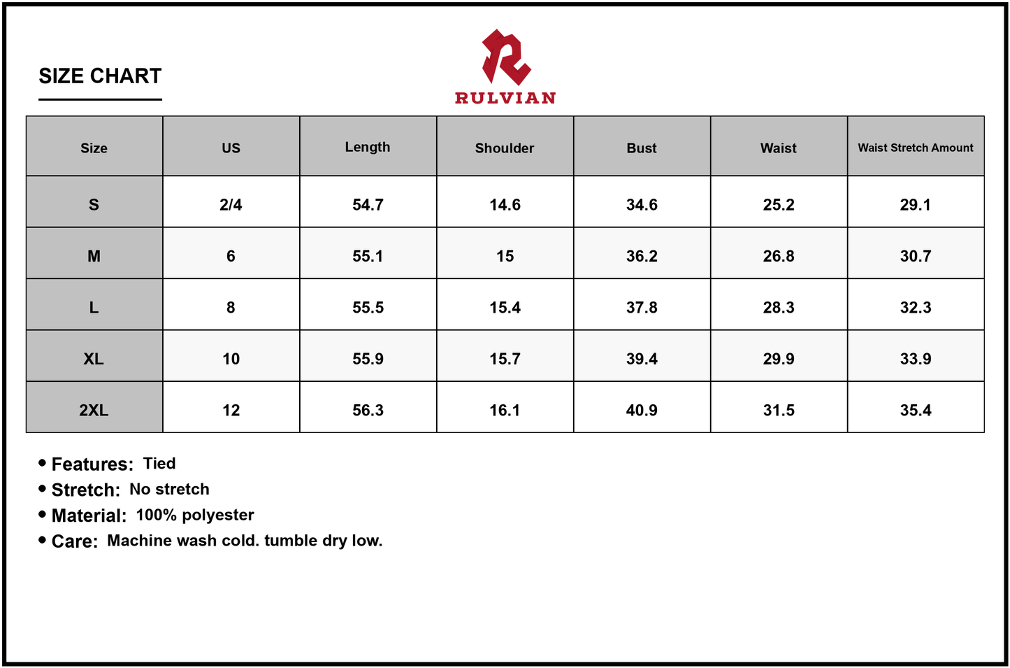 Size Chart - Women's Surplice Tie Waist Maxi Dress 100% Polyester Flowing Silhouette Elegant Flowy Everyday Occasion Ready Chic