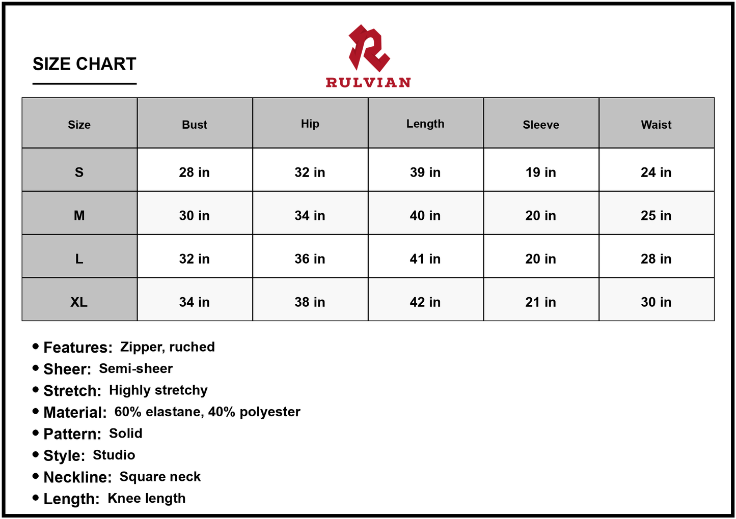 Size Chart - Women's Zip Back Ruched Bodycon Dress Square Neck Knee Length Long Sleeve Chic Minimalist 60% Elastane 40% Polyester