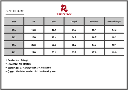 Size Chart - Women's Plus Size Fringe Round Neck Short Sleeve Midi Tee Dress with 97% Polyester and 3% Elastane for Comfort