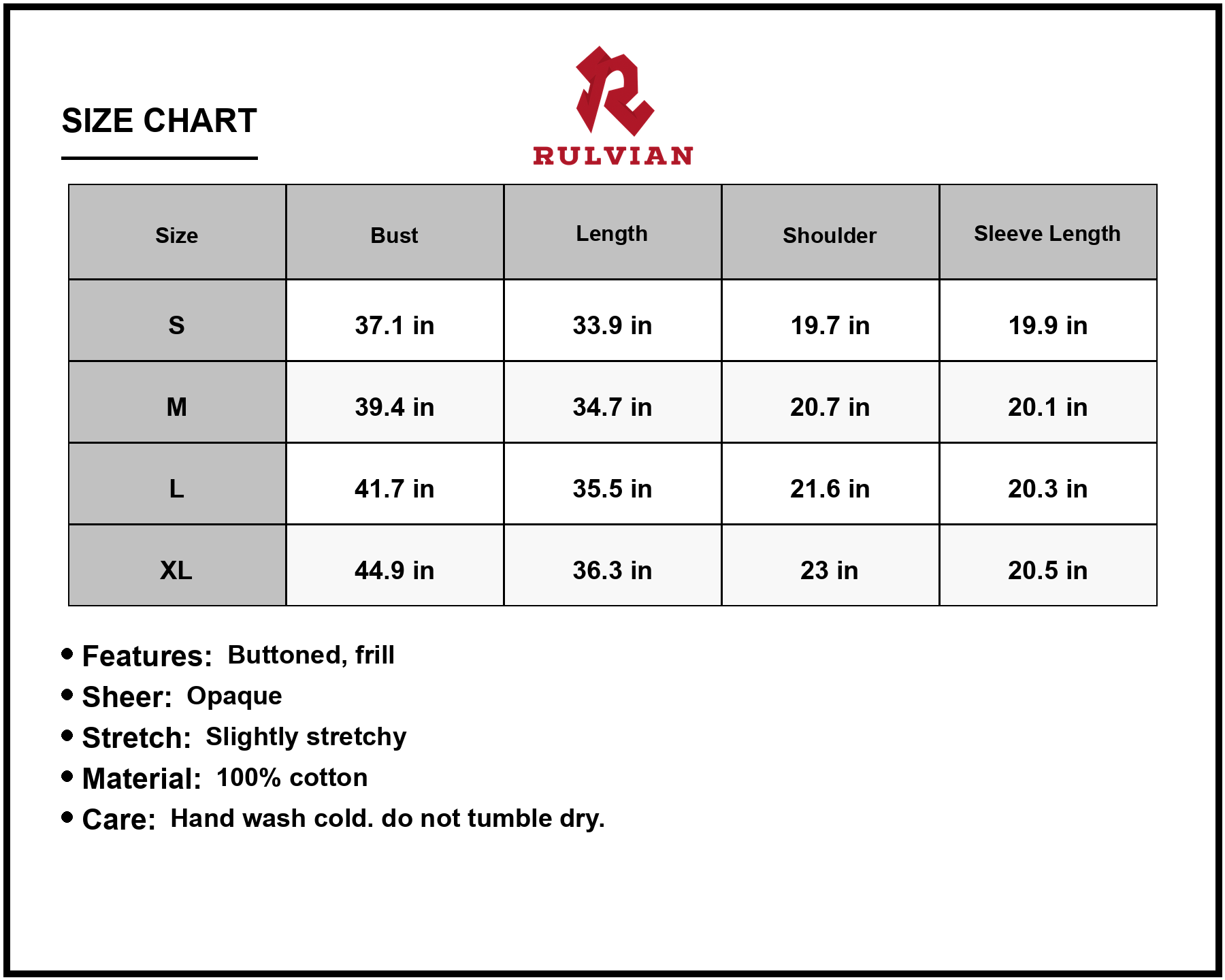 Size Chart - Women's Buttoned Collared Neck Dropped Shoulder Mini Dress in 100% Cotton Frill Sheer Detail for Everyday Wear
