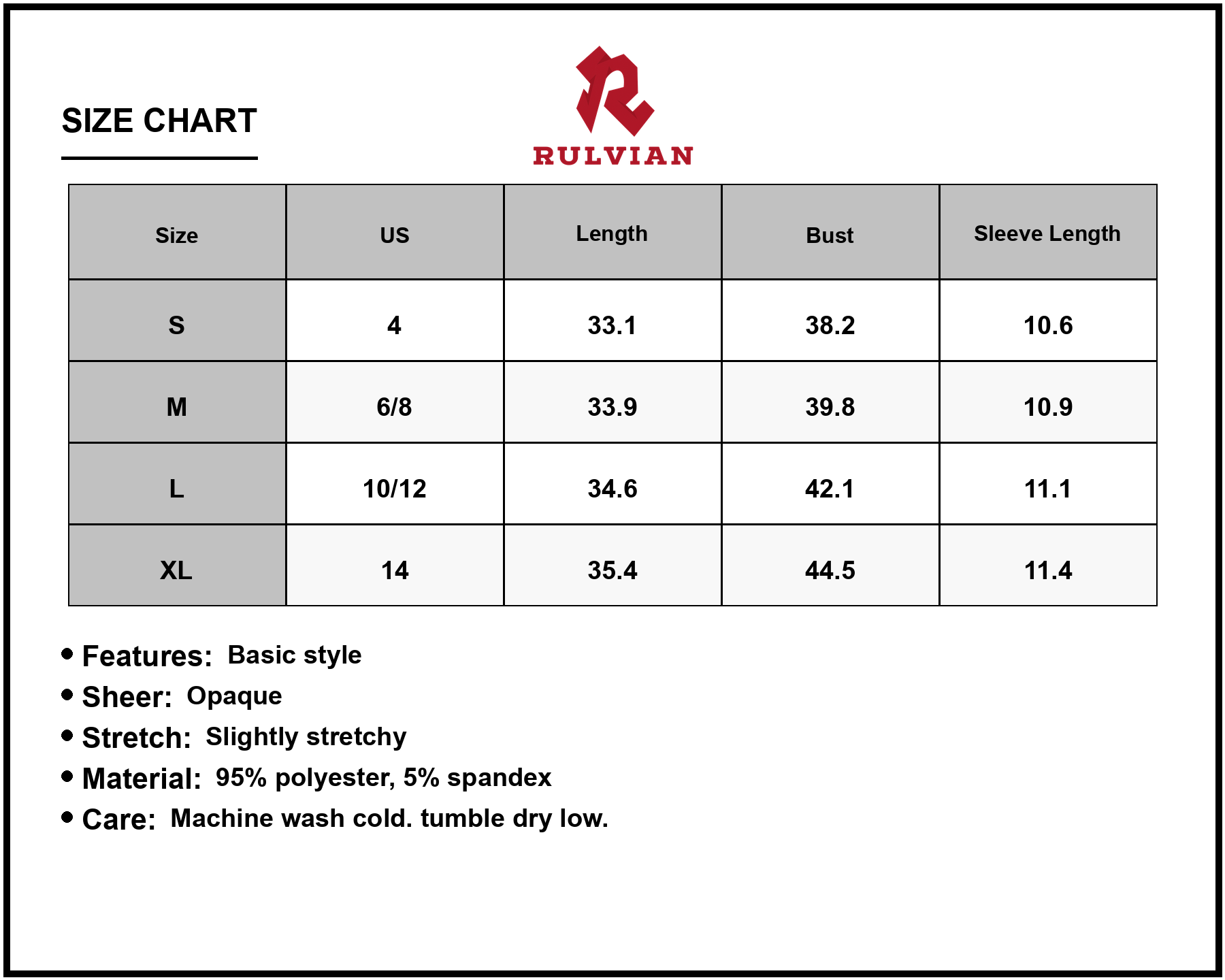 Size Chart - Women's Asymmetrical Neck Short Sleeve Mini Dress with Sheer Body and Stretch 95% polyester 5% spandex classic fit