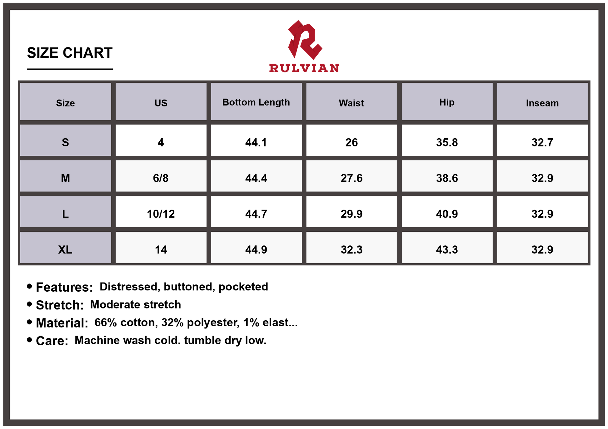 Size Chart - Women's Distressed Bootcut Jeans with Pockets Buttoned Premium Moderate Stretch Flattering Modern Casual Everyday Versatile