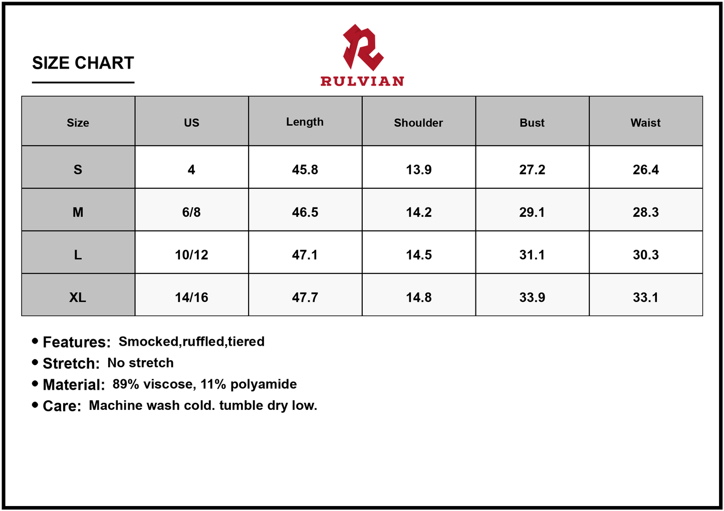 Size Chart - Women's Smocked Printed Square Neck Dress with Ruffles and Tiered Silhouette 89% viscose 11% polyamide soft breathable