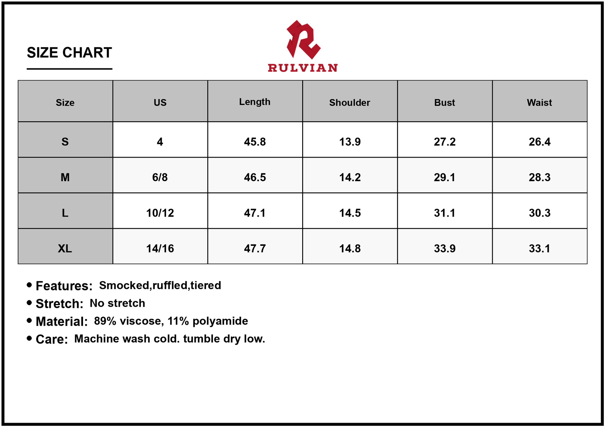 Size Chart - Women's Smocked Printed Square Neck Dress with Ruffles and Tiered Silhouette 89% viscose 11% polyamide soft breathable