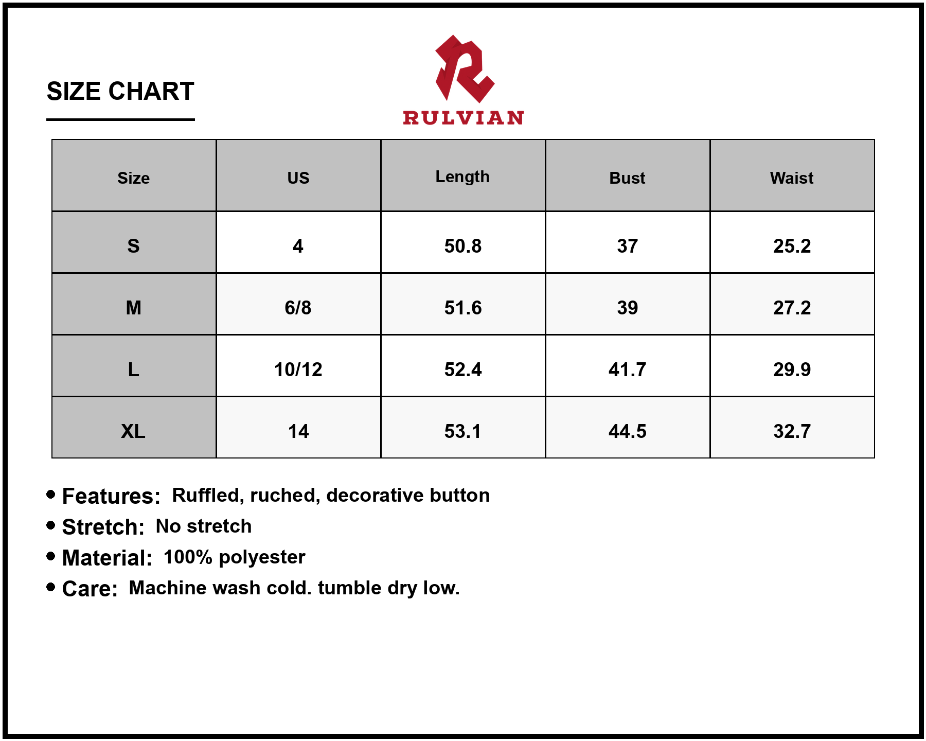 Size Chart - Women's V Neck Ruffle Sleeve Dress with Ruched Details and Decorative Button Accent 100% Polyester for day wear