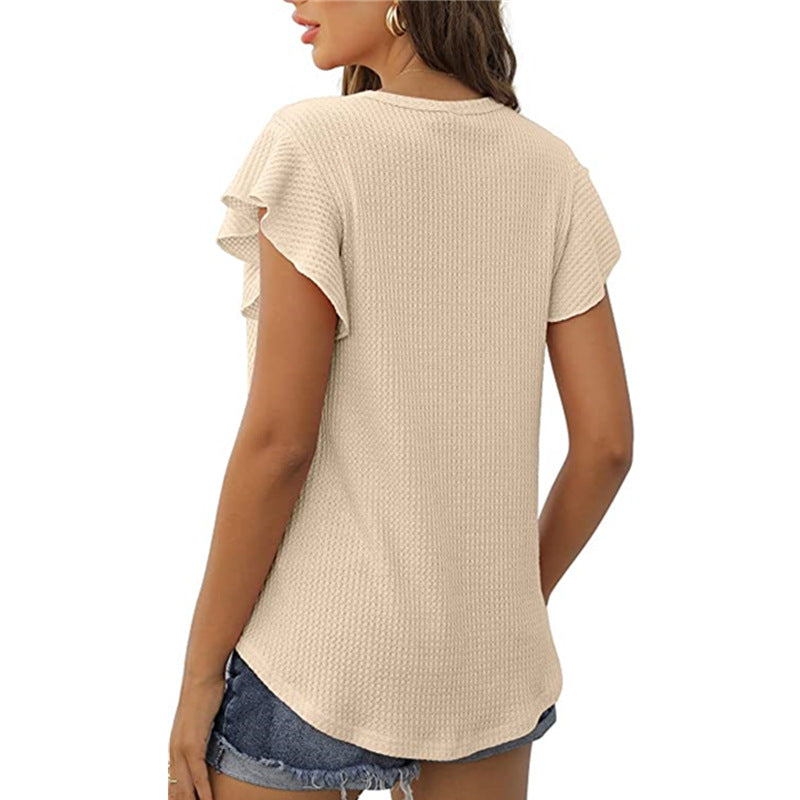 Women's Waffle Knit Short Sleeve Round Neck Top with Ruffle Sleeve Polyester 100% Casual Comfort Everyday