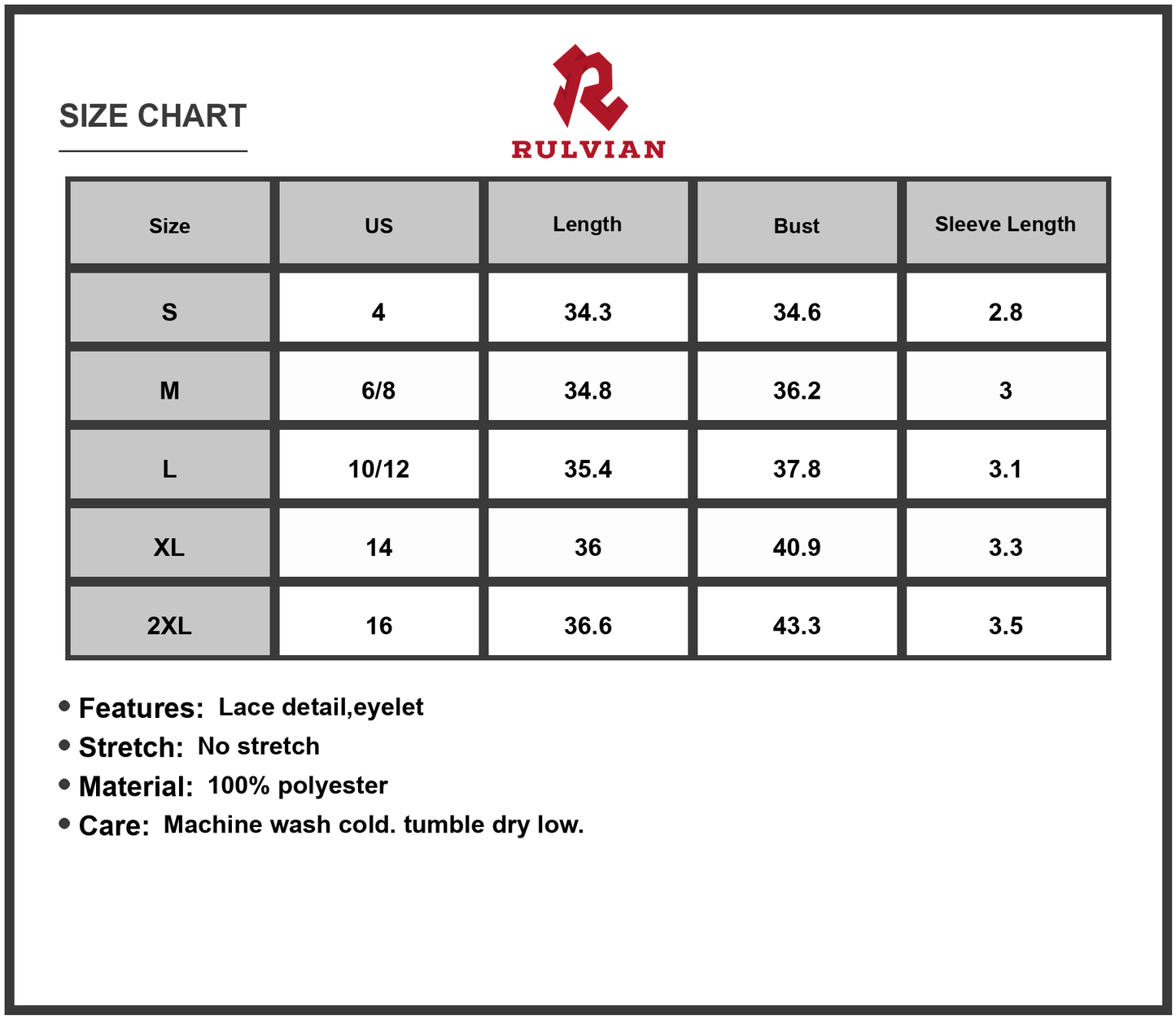 Size Chart - Women's Cold Shoulder Short Sleeve Eyelet Mini Dress with Lace Detail 100% Polyester Fabric for Day or Night Wear