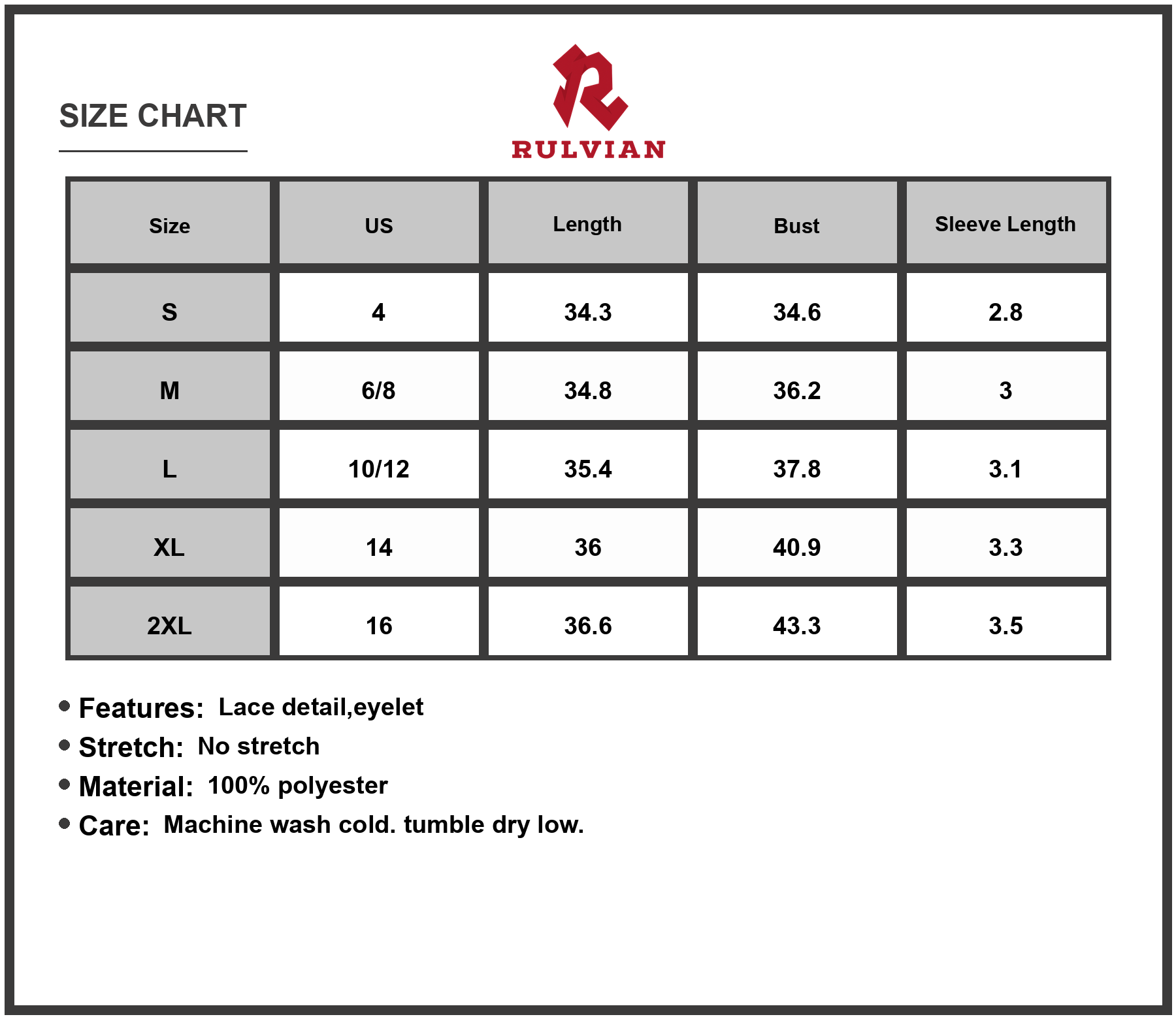 Size Chart - Women's Cold Shoulder Short Sleeve Eyelet Mini Dress with Lace Detail 100% Polyester Fabric for Day or Night Wear