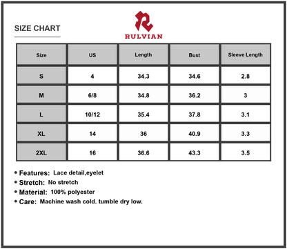 Size Chart - Women's Cold Shoulder Short Sleeve Eyelet Mini Dress with Lace Detail 100% Polyester Fabric for Day or Night Wear