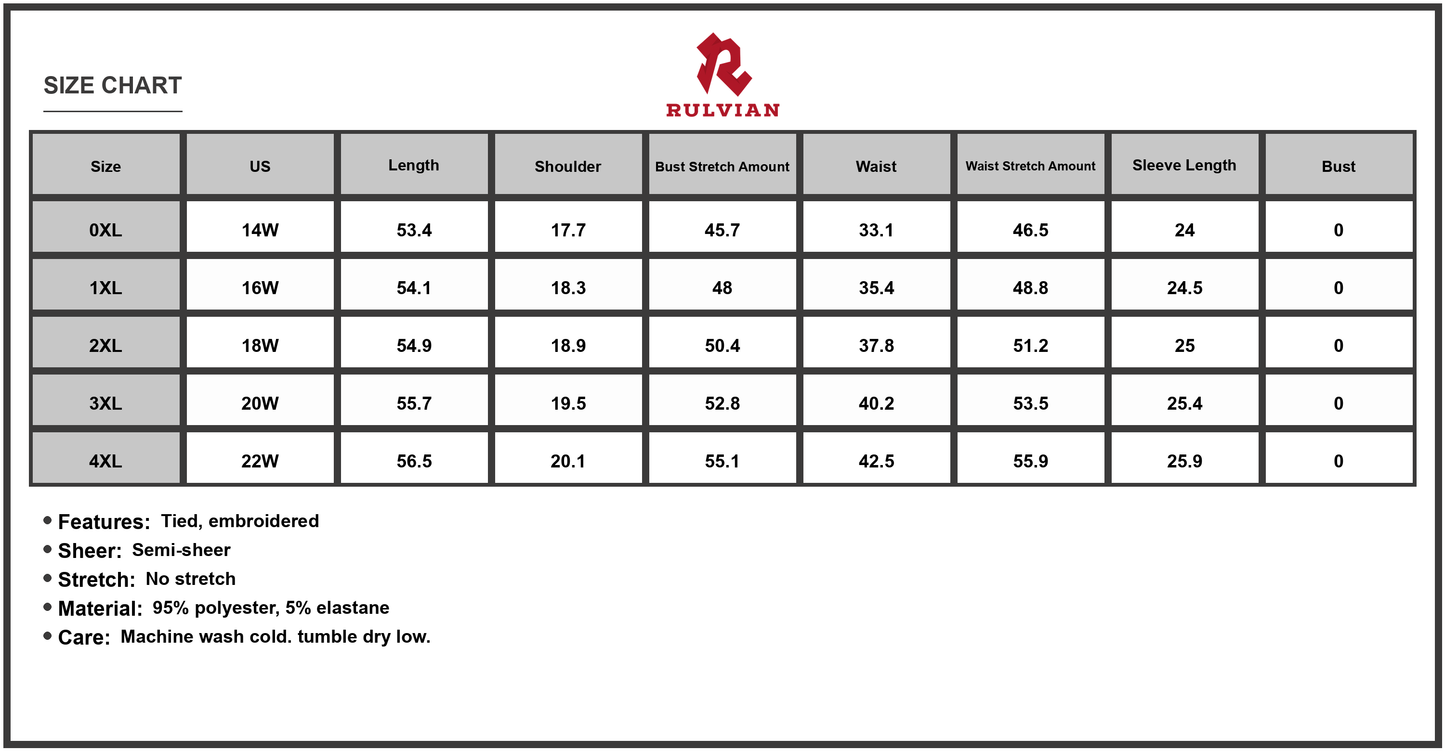 Size Chart - Women's Plus Size Embroidered Tie Neck Long Sleeve Dress with Sheer Overlay Lined Bodice 95% Polyester 5% Elastane