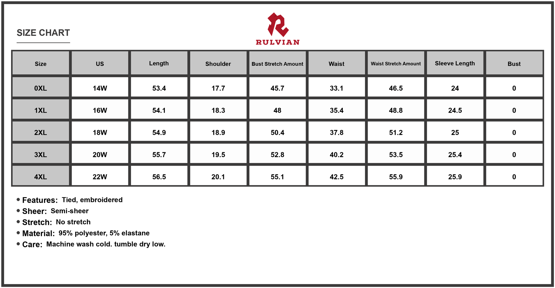 Size Chart - Women's Plus Size Embroidered Tie Neck Long Sleeve Dress with Sheer Overlay Lined Bodice 95% Polyester 5% Elastane
