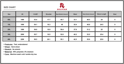 Size Chart - Women's Plus Size Embroidered Tie Neck Long Sleeve Dress with Sheer Overlay Lined Bodice 95% Polyester 5% Elastane