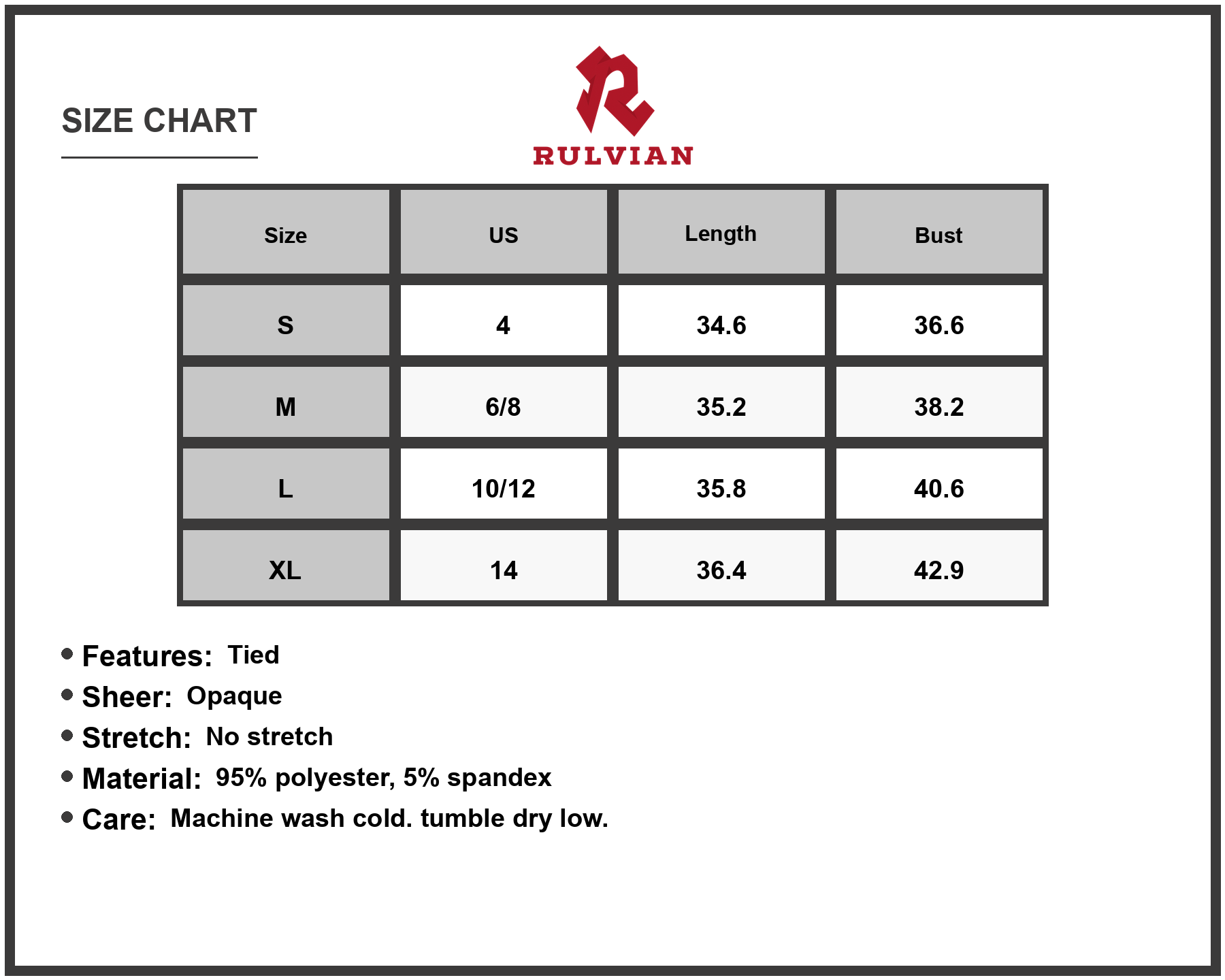 Size Chart - Womens Tied Color Block Mock Neck Sleeveless Dress with Tie Detail 95% Polyester 5% Spandex Fabric for Everyday Wear