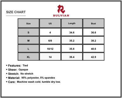 Size Chart - Womens Tied Color Block Mock Neck Sleeveless Dress with Tie Detail 95% Polyester 5% Spandex Fabric for Everyday Wear