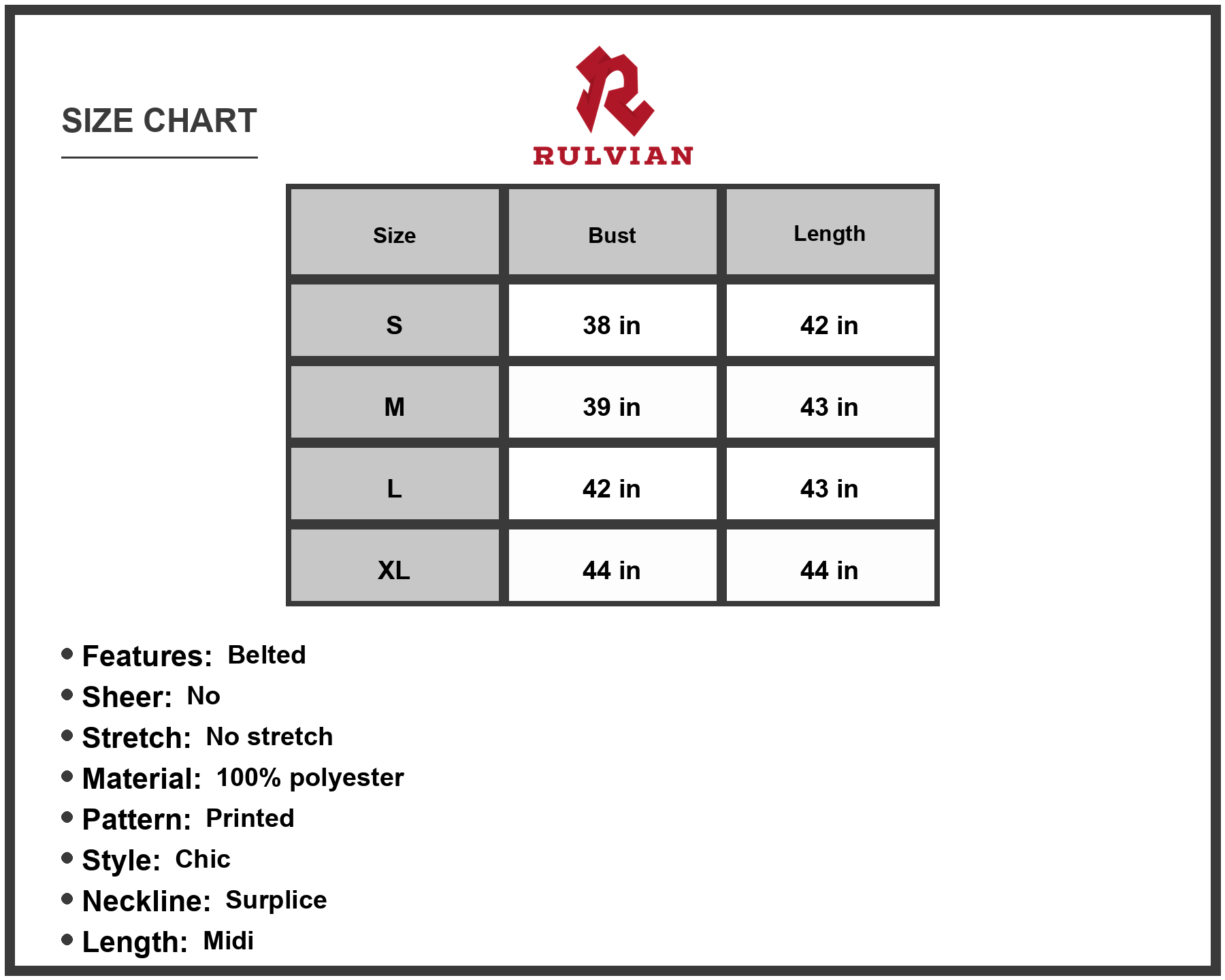 Size Chart - Women's Printed Tie Waist A Line Midi Dress with Belted Surplice Neck Short Sleeve 100% Polyester Everyday Elegant