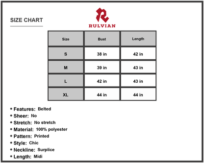 Size Chart - Women's Printed Tie Waist A Line Midi Dress with Belted Surplice Neck Short Sleeve 100% Polyester Everyday Elegant
