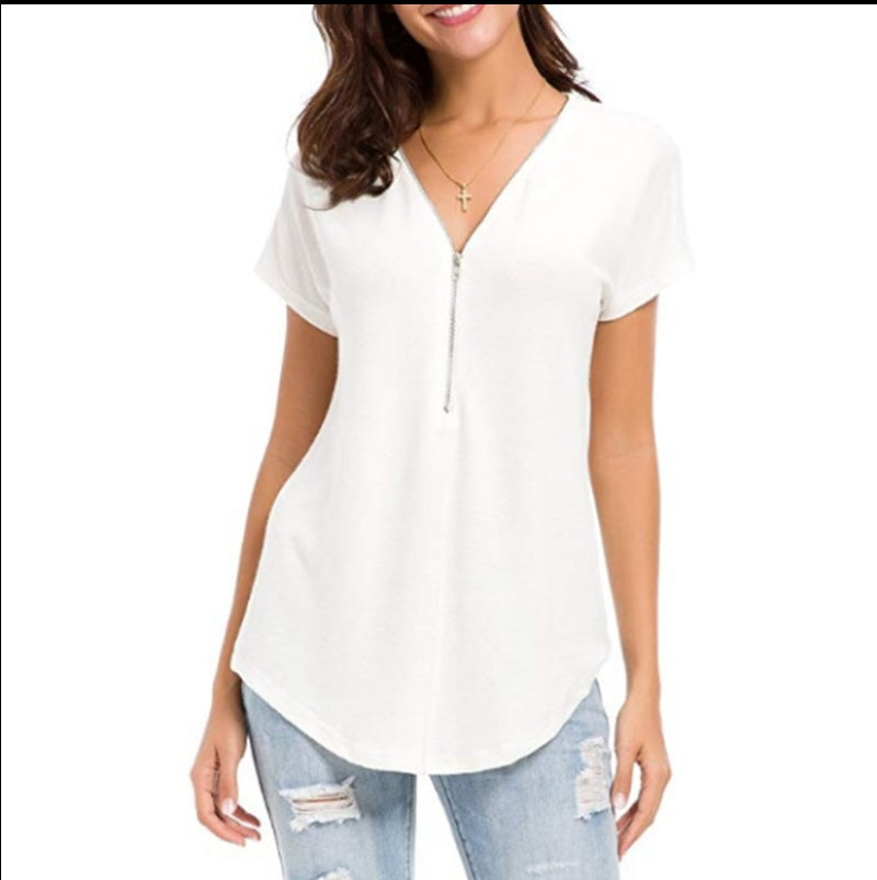 Men's Casual Loose Fit Short Sleeve V Neck Cotton Shirt With Zipper Stitching Front Detail For Everyday Wear