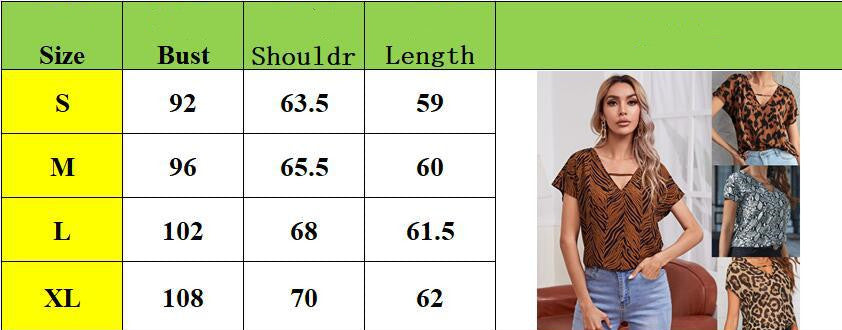 Size Chart - Leopard Print Short-Sleeved V-Neck T-Shirt Top