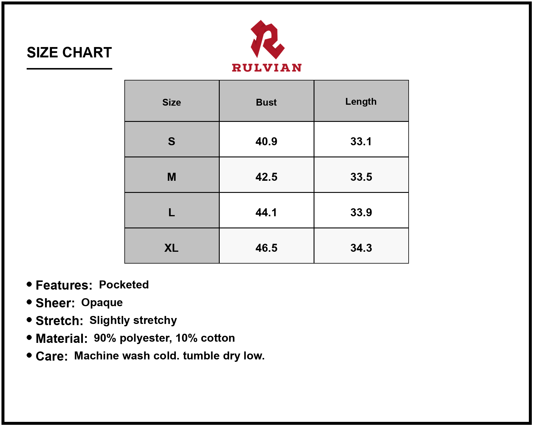 Size Chart - Women's Pocketed Round Neck Short Sleeve Dress Ninety percent polyester and ten percent cotton for everyday wear