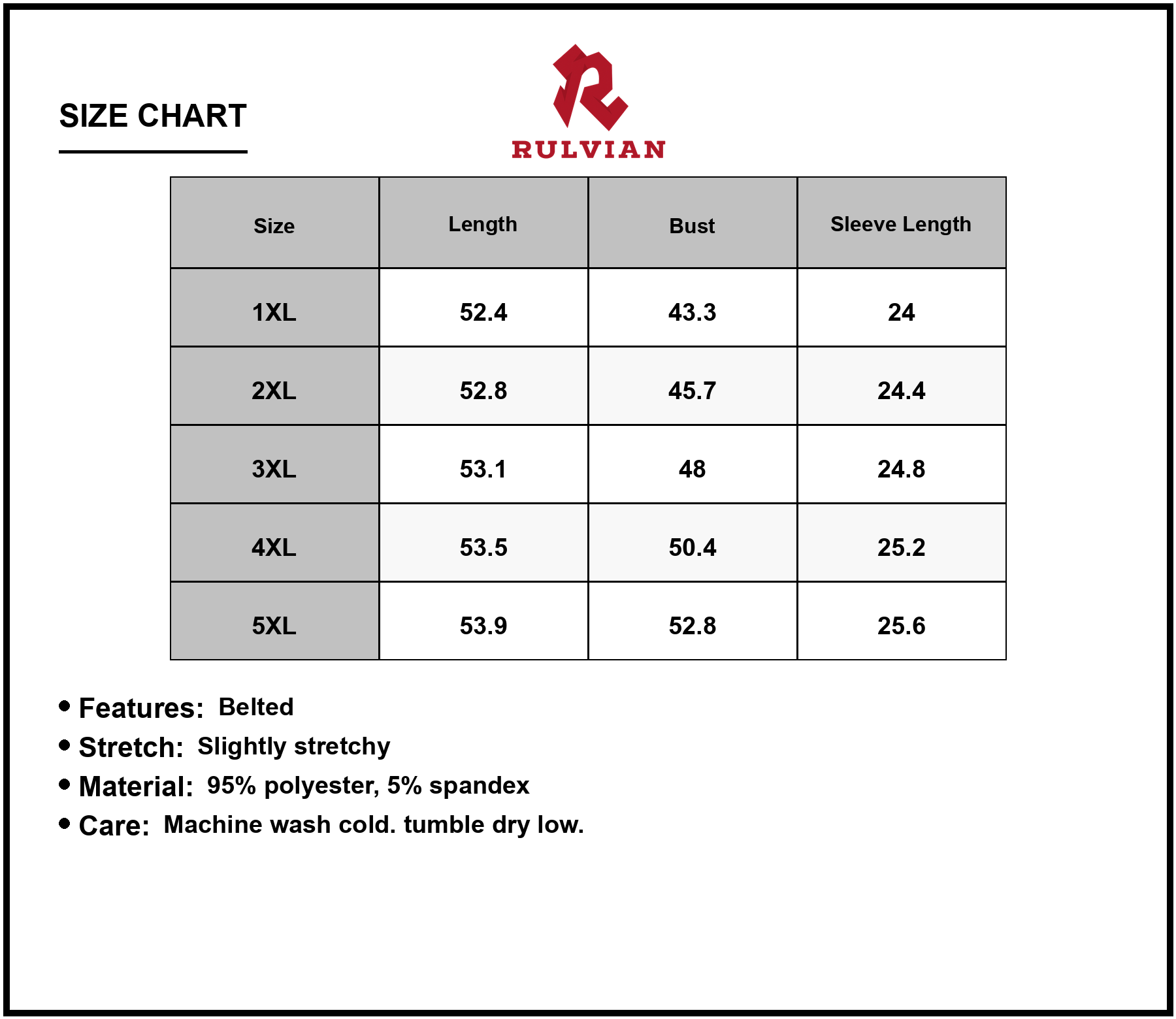 Size Chart - Women's Plus Size Leopard Print Surplice Maxi Dress Belted Stretch Fit Easy Care 95% Polyester 5% Spandex Imported
